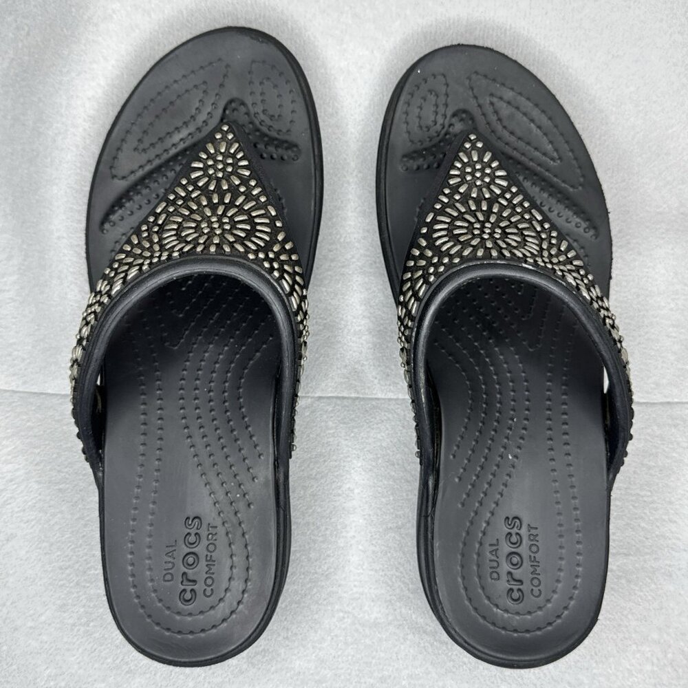 Crocs Wedge Sandals Black Monterey Diamante Womens Sz 7 Studded Platform Thong - Picture 6 of 10
